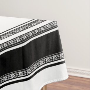 Black and white lace braid and horizontal stripes tablecloth