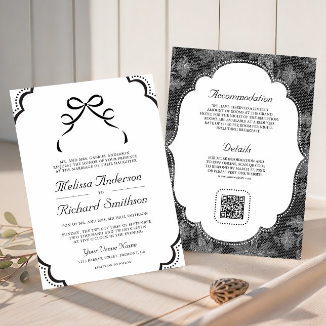 Black and White Lace Coquette Bow QR Code Wedding Invitation (Creator Uploaded)