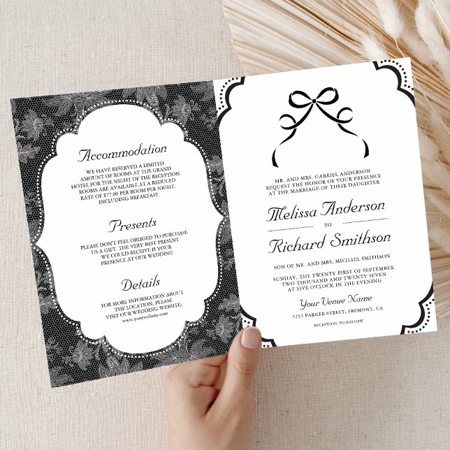 Black and White Lace Coquette Bow QR Code Wedding Invitation (Creator Uploaded)