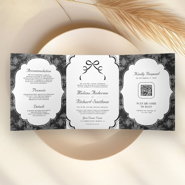 Black and White Lace Coquette Bow QR Code Wedding Tri-Fold Invitation (Creator Uploaded)
