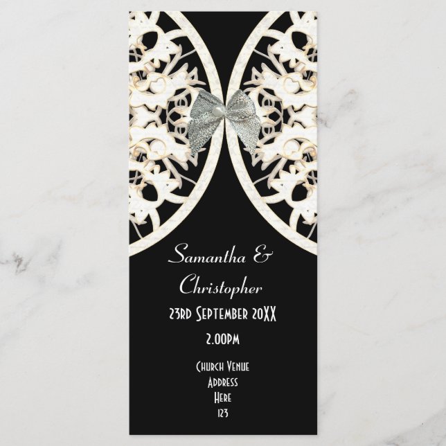 Black and white lace damask church wedding program (Front)