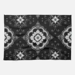 Black and white lace decorative pattern tea towel