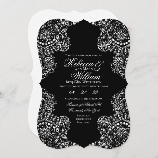 Black and White Lace Elegant Gothic Wedding Invitation (Front/Back)