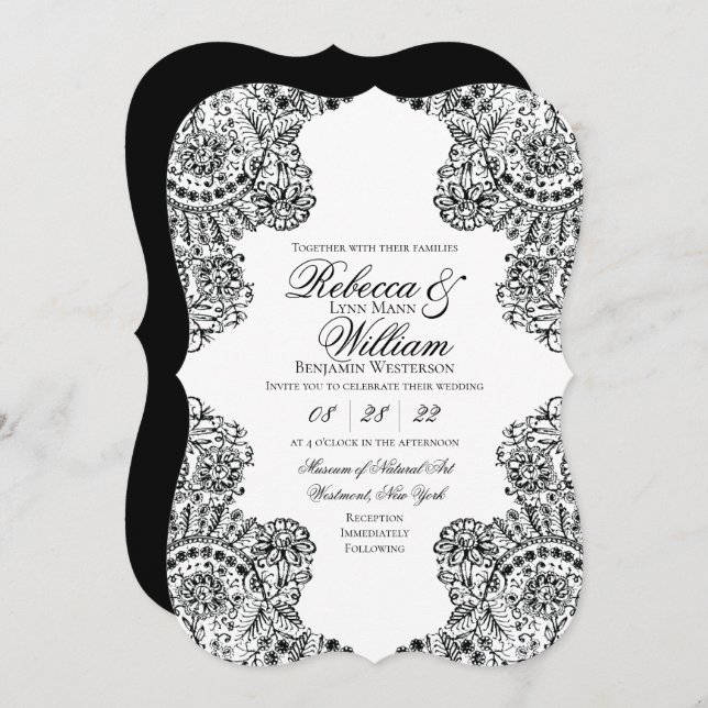 Black and White Lace Elegant Gothic Wedding Invitation (Front/Back)