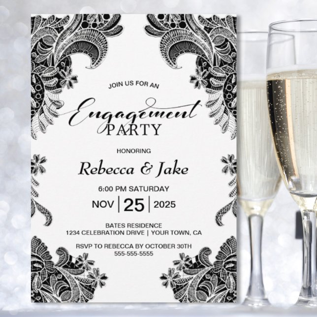 Black and White Lace Engagement Party Invitation (Creator Uploaded)