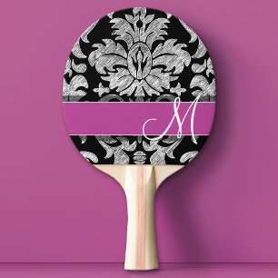 Black and White Lace Pattern Custom Monogram Ping Pong Paddle