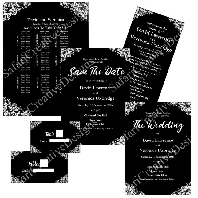 Black and White Lace Save The Date Invitation (White on black lace wedding collection. Customizable collection of wedding invitations etc.)
