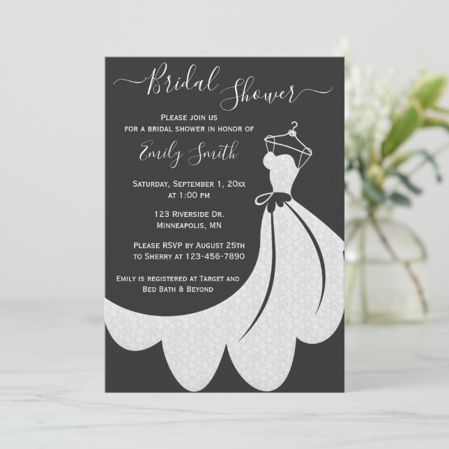 Black and White Lace Wedding Dress Bridal Shower Invitation (Standing Front)