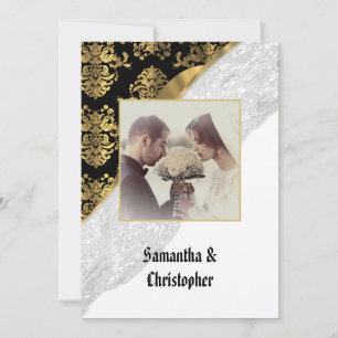 Black and white lace wedding photo invitation