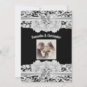 Black and white lace wedding photo invitation