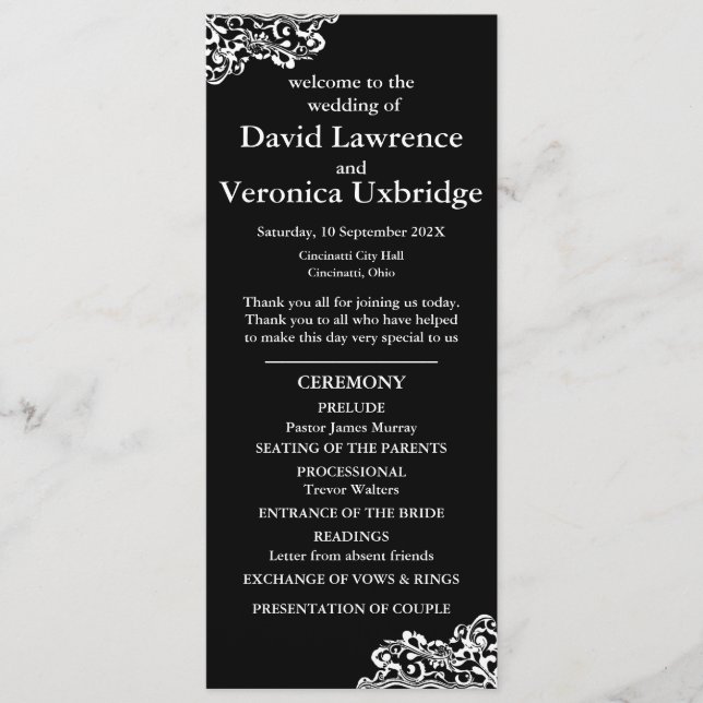 Black and White Lace Wedding Program (Front)