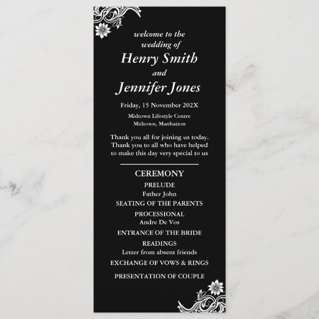 Black and White Lace Wedding Program (Front)