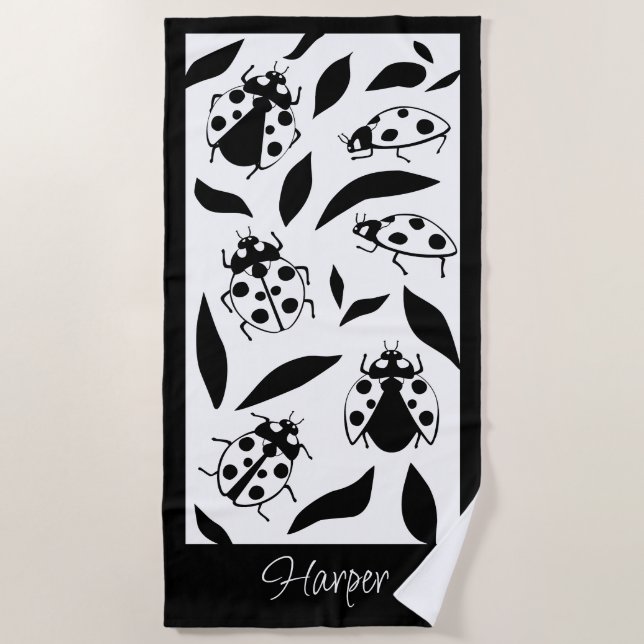 Black and White Ladybugs Personalised Beach Towel (Front)