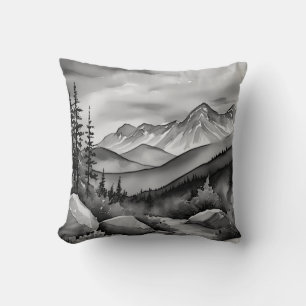 Black and white landscape painting of mountains cushion