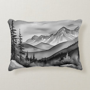 Black and white landscape painting of mountains decorative cushion