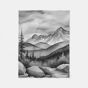 Black and white landscape painting of mountains fleece blanket
