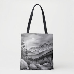 Black and white landscape painting of mountains tote bag