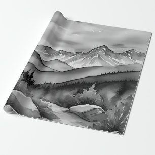 Black and white landscape painting of mountains wrapping paper