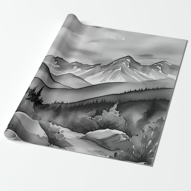 Black and white landscape painting of mountains wrapping paper (Unrolled)