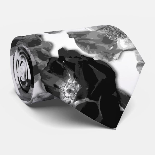 Black and White Large Bloom Roses Tie (Rolled)