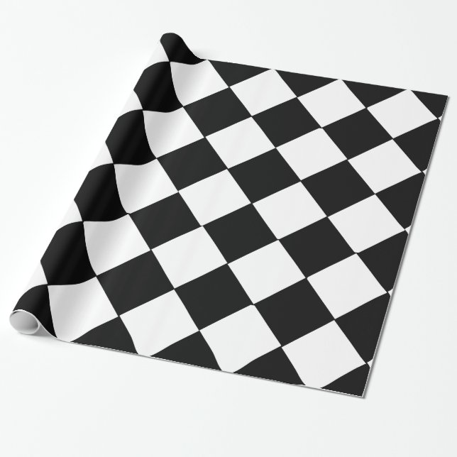 Black and White Large Chequerboard Diamond Pattern Wrapping Paper (Unrolled)