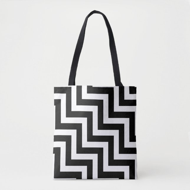 Black and White Large Diagonal Chevron Stripes Tote Bag (Front)