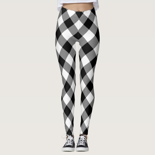 Black and White Large Size Diagonal Gingham Checks Leggings (Front)