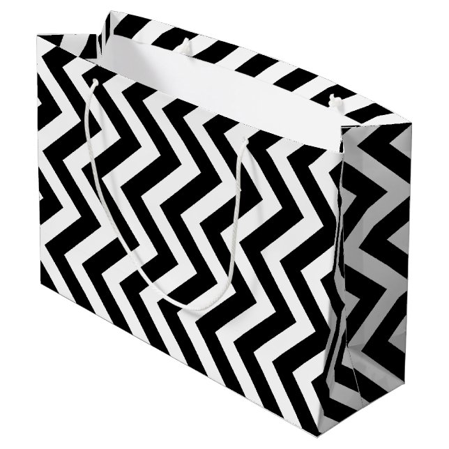 Black and White Large Size Vertical Chevron Large Gift Bag (Back Angled)