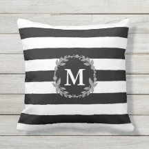 Black and White large Stripe  Monogrammed Pillow