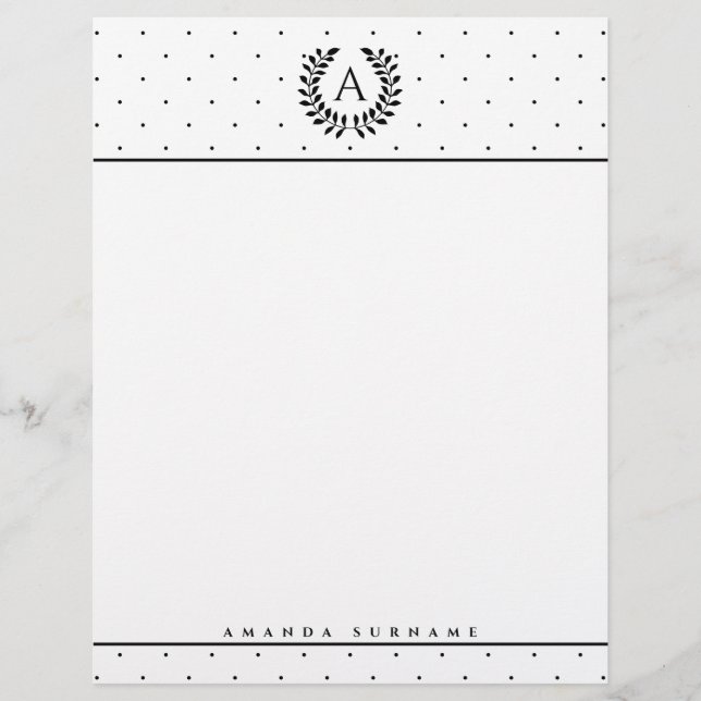 Black And White Laurel Monogram Polka Dot Pattern Custom Letterhead (Front)