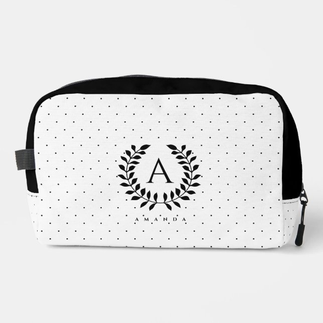 Black And White Laurel Monogram Polka Dot Pattern Dopp Kit (Front)