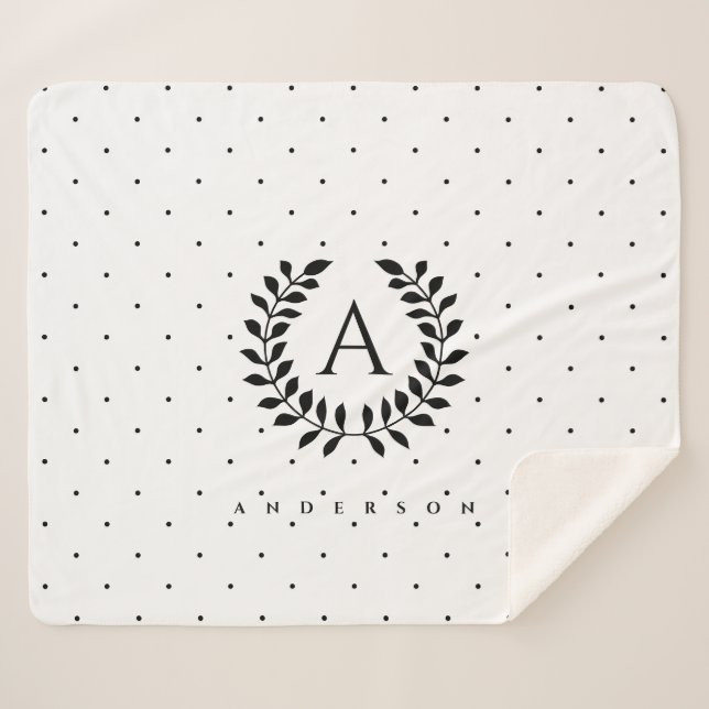 Black And White Laurel Monogram Polka Dot Pattern Sherpa Blanket (Front (Horizontal))