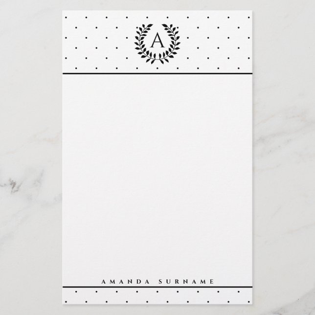 Black And White Laurel Monogram Polka Dot Pattern Stationery (Front)