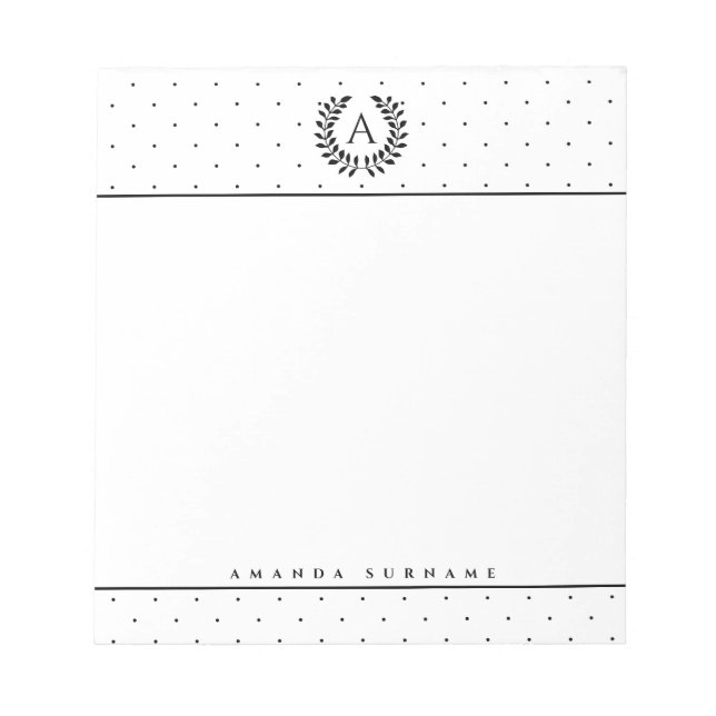Black And White Laurel Monogram Tiny Polka Dots Notepad (Front)