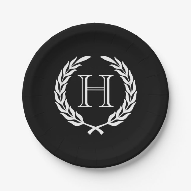 Black and White Laurel Wreath Paper Plate (Front)