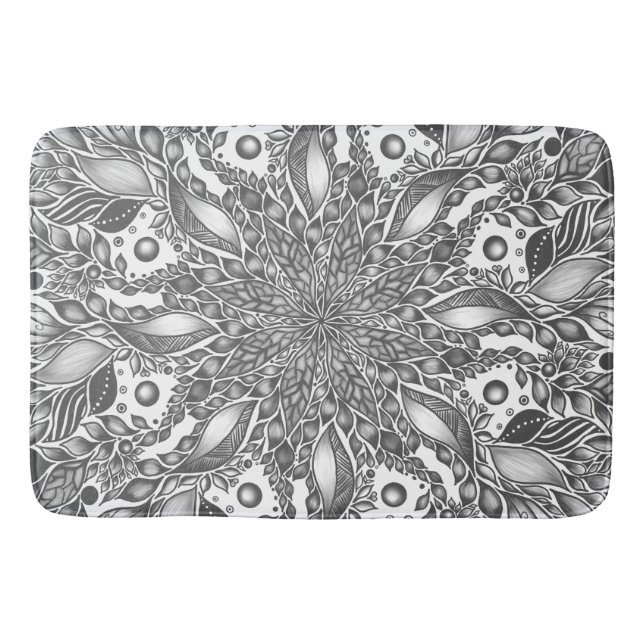 Black and white leaf mandala bath mat (Front)
