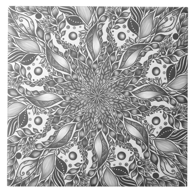 Black and white leaf mandala  ceramic tile (Front)