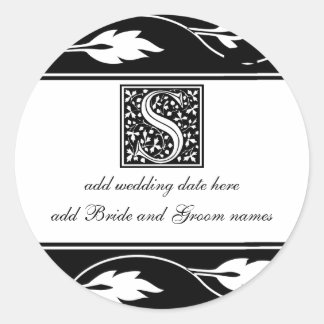 Black And White Leaf Monogram S Classic Round Sticker