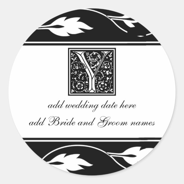 Black And White Leaf Monogram Y Classic Round Sticker (Front)
