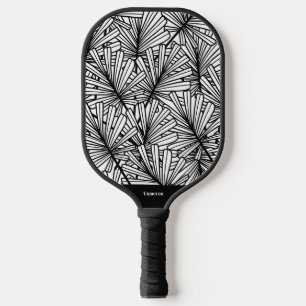 Black and White Leaf Pattern Modern Monogram Pickleball Paddle