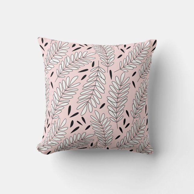 Black and white leaf pattern with pink background cushion (Front)