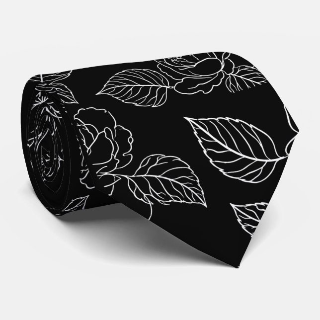 Black And White Leafy NeckTie (Rolled)