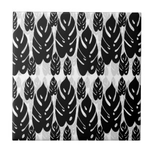 Black and White Leaves Design Ceramic Tile