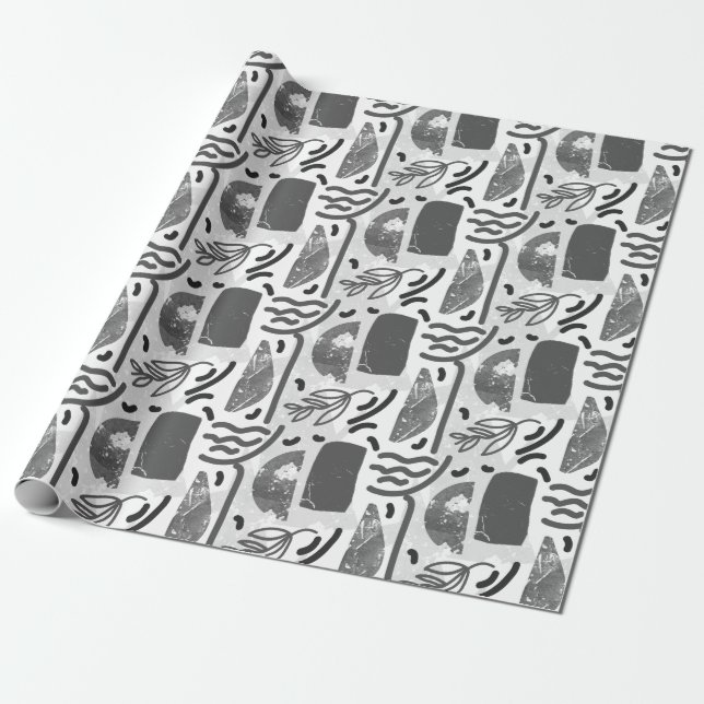 Black and white leaves lines texture pattern wrapping paper (Unrolled)
