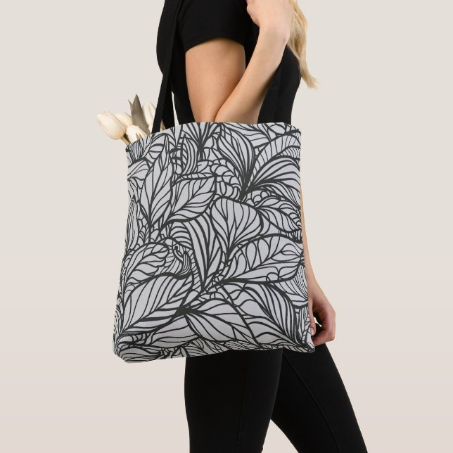 Black and White Leaves Pattern Tote Bag (Close Up)