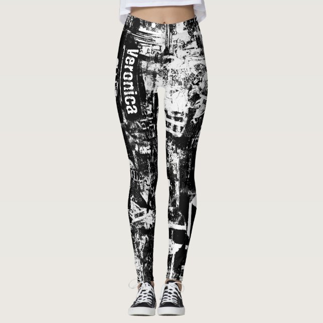 Black And White Leggings with Printed Graffiti Art (Front)