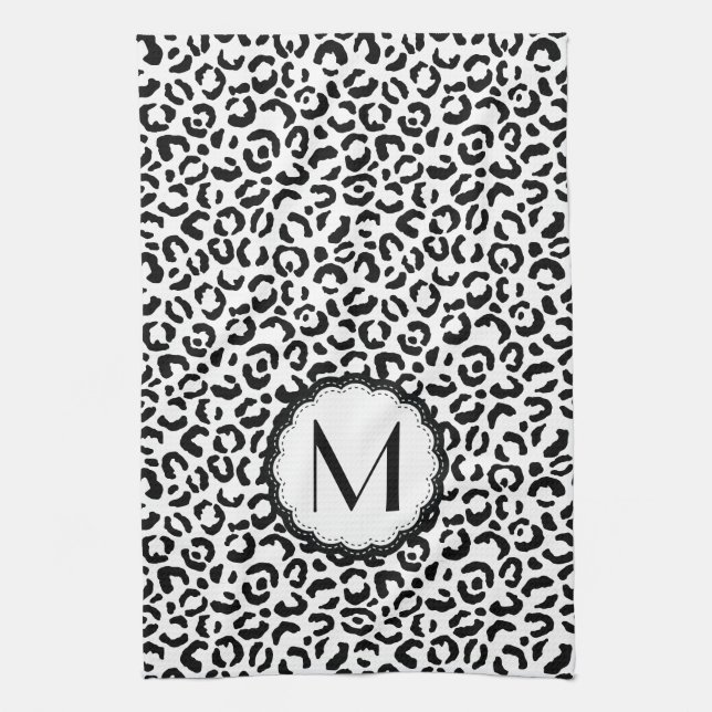 Black and White Leopard Monogram Tea Towel (Vertical)