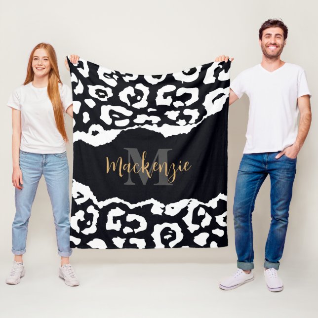 Black and White Leopard Print Fleece Blanket (In Situ)