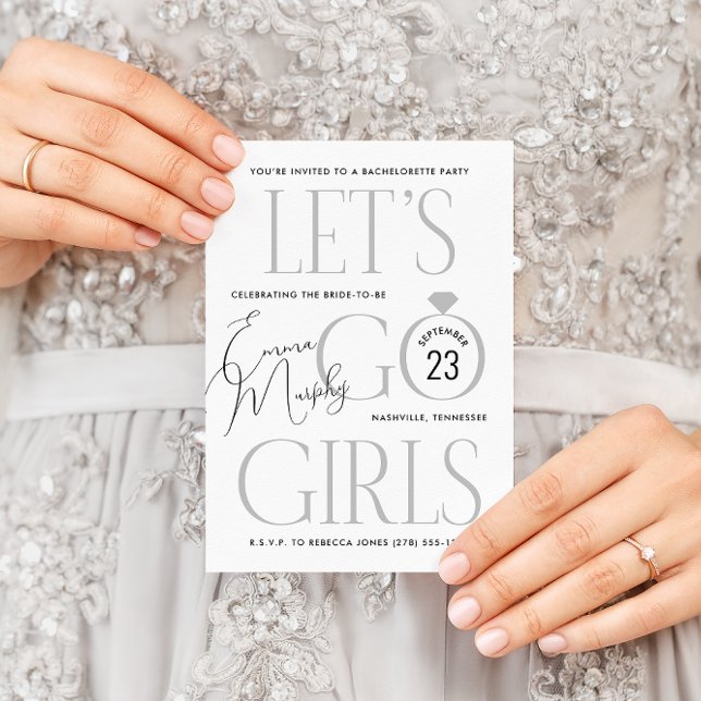 Black and White Lets Go Girls Bachelorette Party Invitation (Modern, clean aesthetic white Let's Go Girls country western bachelorette party invitation)