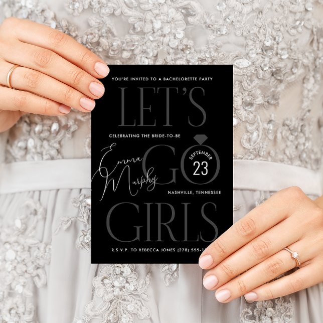 Black and White Lets Go Girls Bachelorette Party Invitation (Modern and sleek black Let's Go Girls country western bachelorette party invitation)
